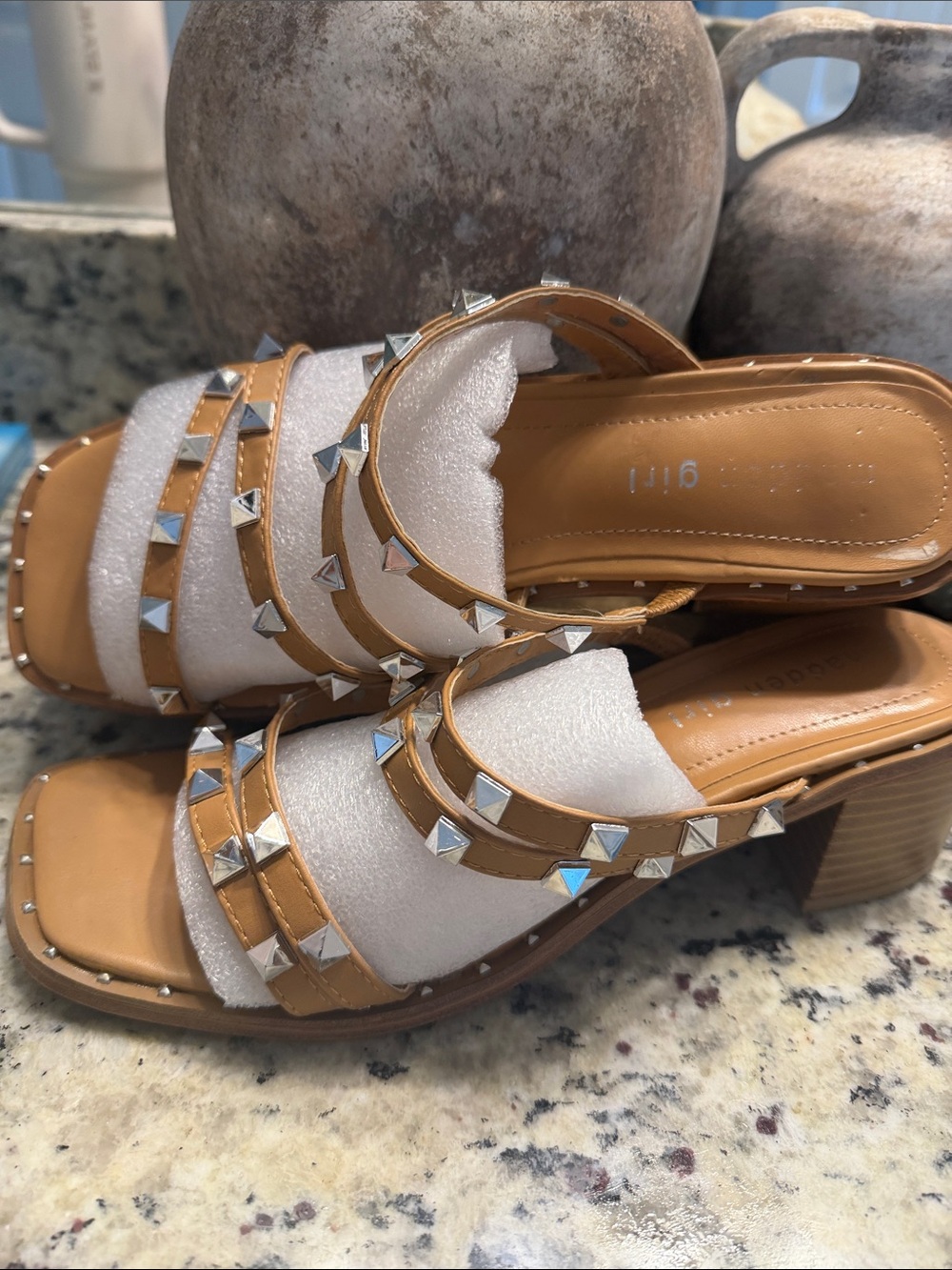 Madden Girl Studded Tan Block Heel Slide Sandals